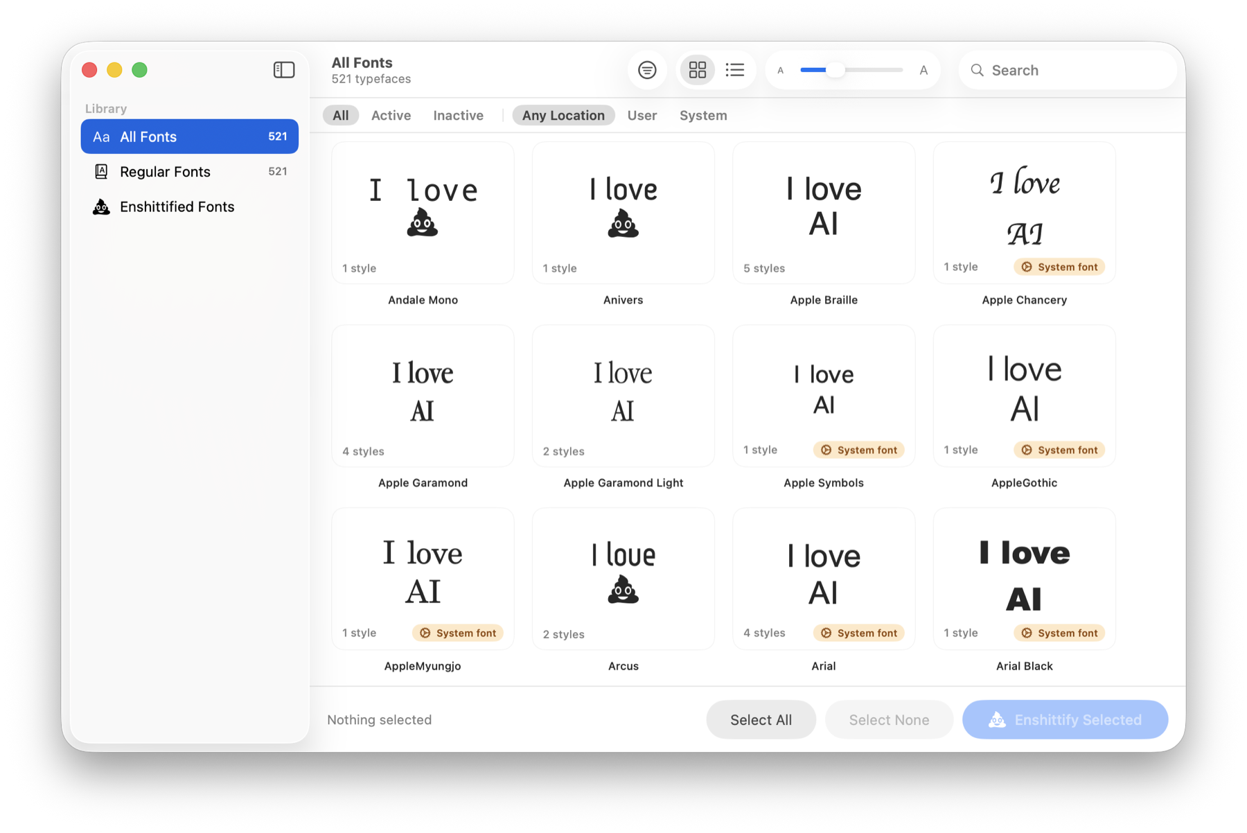 The Enshittifier Mac app showing a grid of installed typefaces, each rendering an "I love AI" specimen with the AI turned into 💩, and an "Enshittify Selected" button at the bottom.